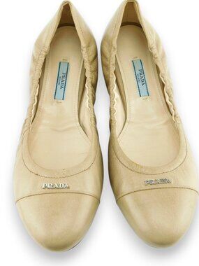 PRADA Logo Cap Toe Nude Beige Leather Ballet Flats Shoes 38